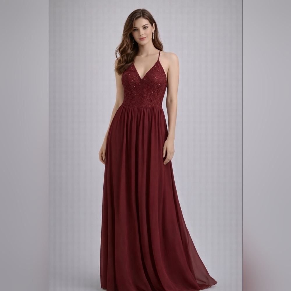 🌼 City Triangles Burgundy Lace Open Back Maxi Dress Size 20
